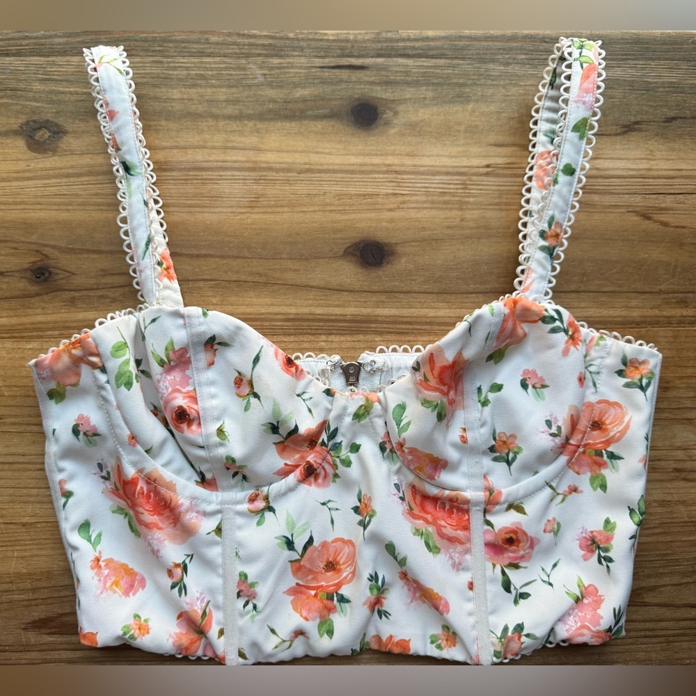 White Fox Floral Corset Top Bustier Crop White Pink Roses Size S